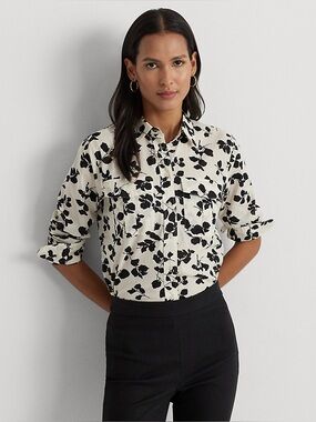 Ralph Lauren Black White Leaf Print Button Down Blouse Medium